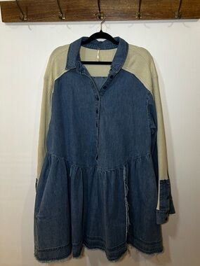 Free People Denim Tunic Dress with Cream Waffle Knit Sleeves - worn once
